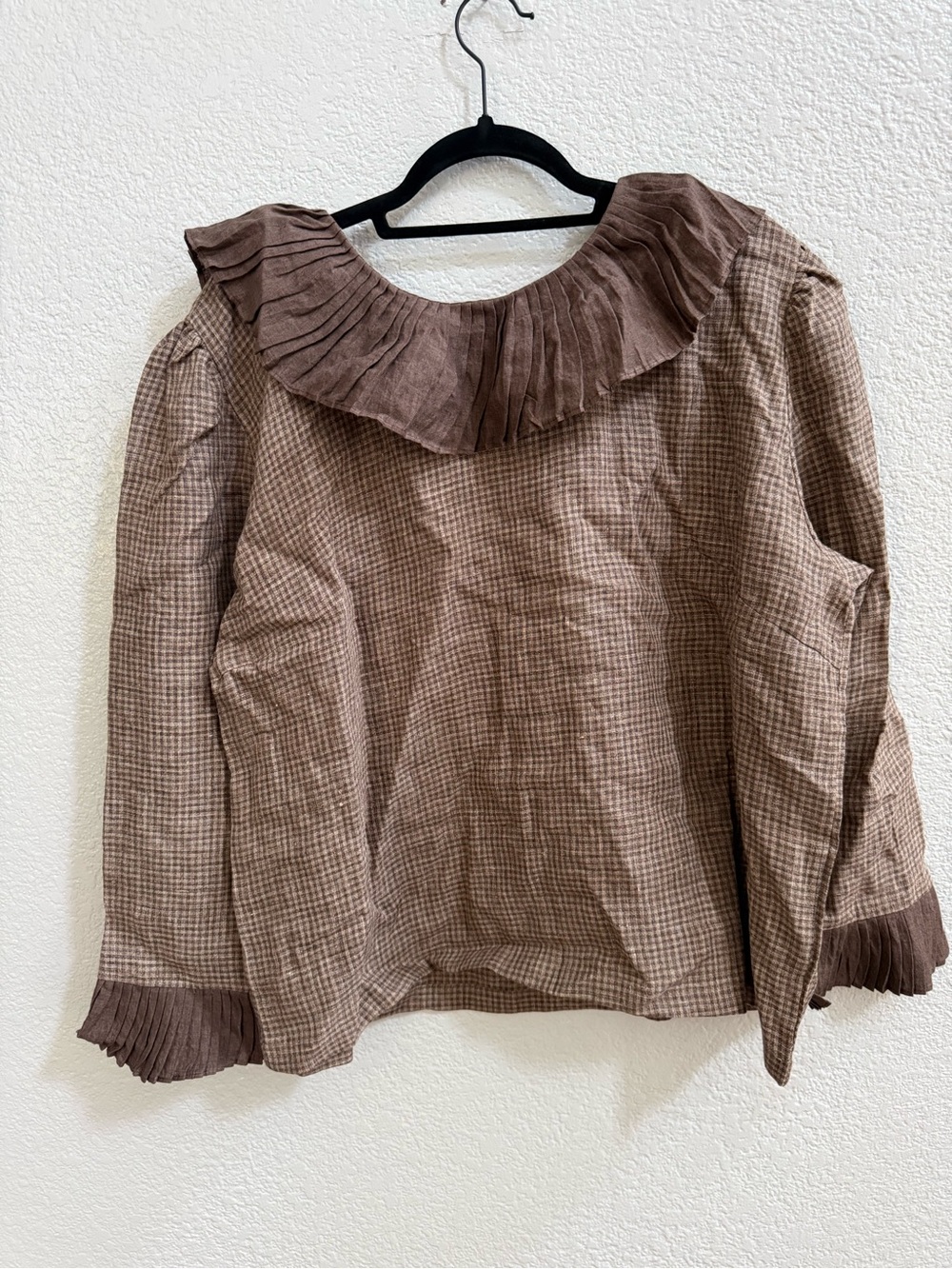 NWOT Women's 100% Linen Brown Checked Pleated Collar Blouse by Linennaive